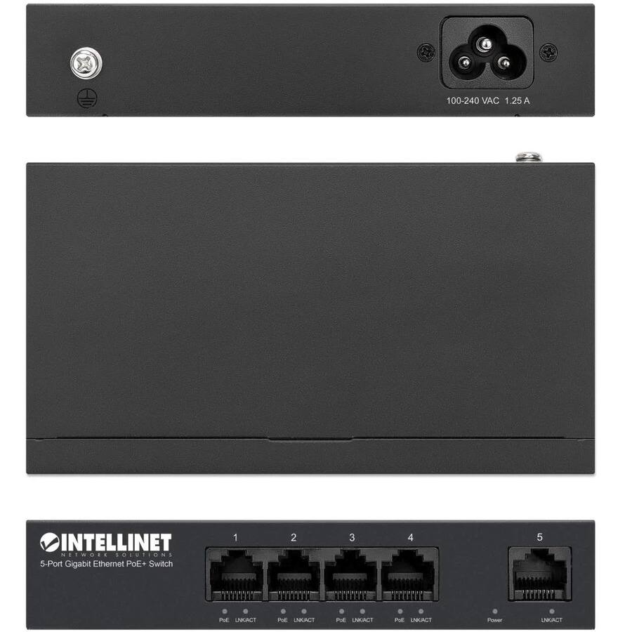 100-240 VAC 1.25 A  
INTELLINET NETWORK SOLUTIONS  
5-Port Gigabit Ethernet PoE+ Switch  

1 2 3 4 5  
9 7911 / e Pot LAKACT Pol UNKACT Pe LNKACT Put LNKACT oser LAKACT