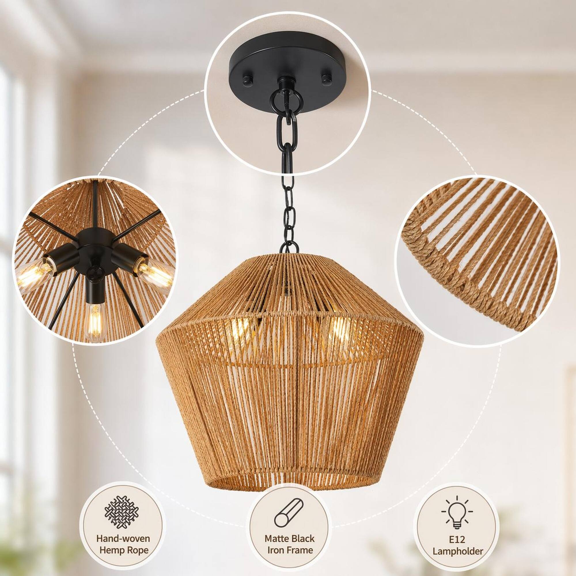 Hand-woven Hemp Rope  
Matte Black Iron Frame  
E12 Lampholder