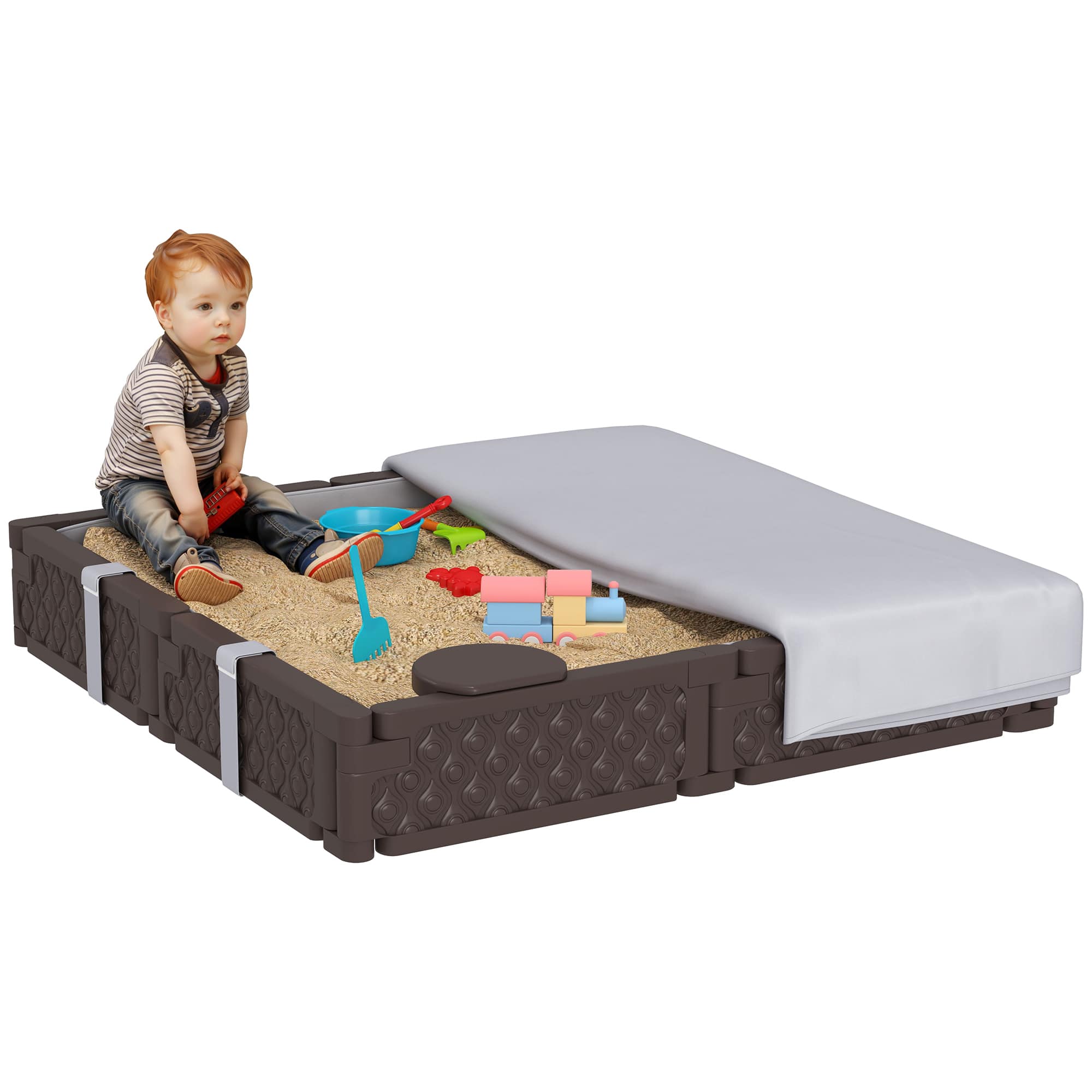Qaba - Sandbox with Cover, 4 Corner Seats, Bottom Liner for Backyard, Garden, Outdoor, 47" x 47" x 9"
