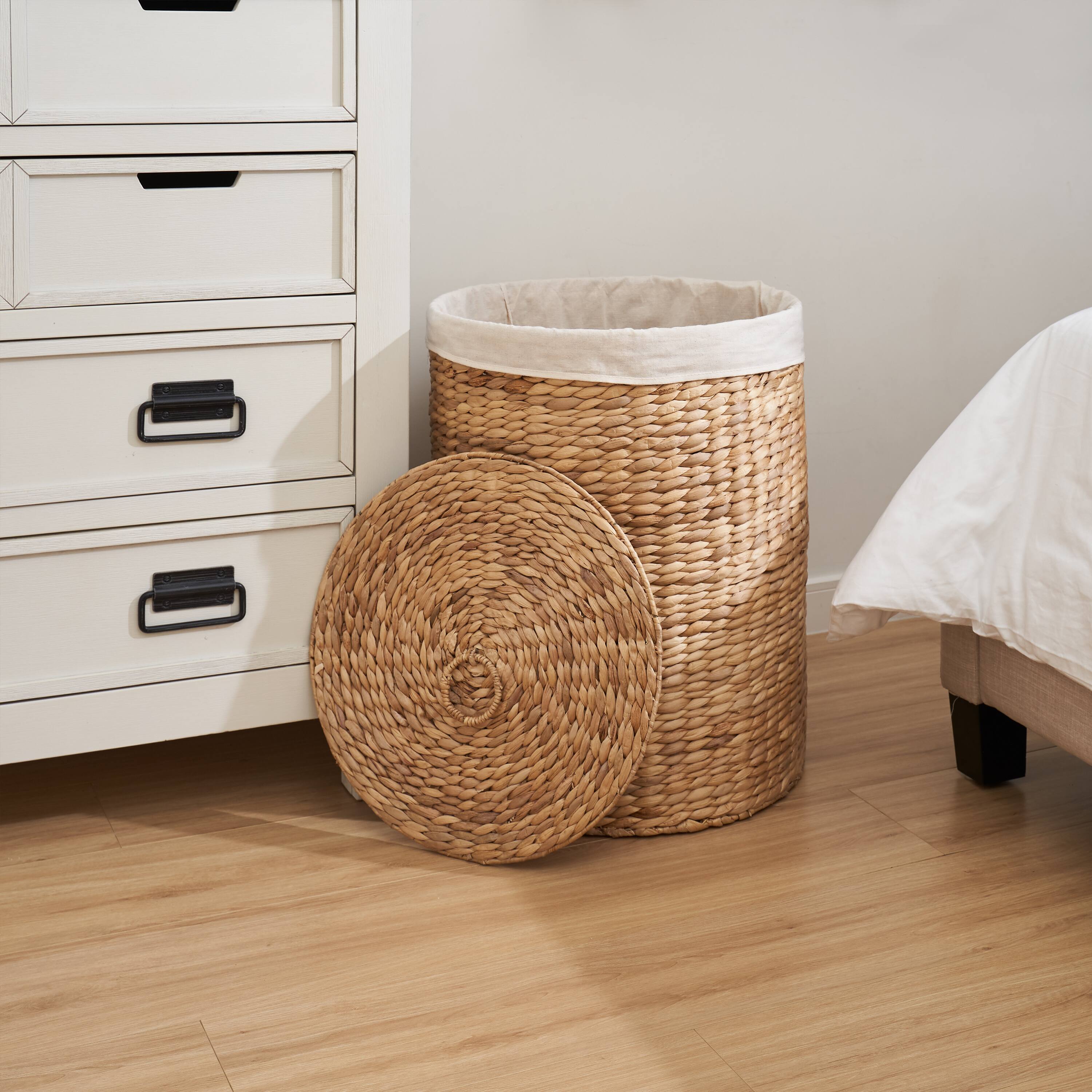 Back. MOOSOO - Round Tall Water Hyacinth Woven Wicker Laundry Hamper with Lid For Clothes, Canvas, Toys with Removable Liner - Natural Brown.
