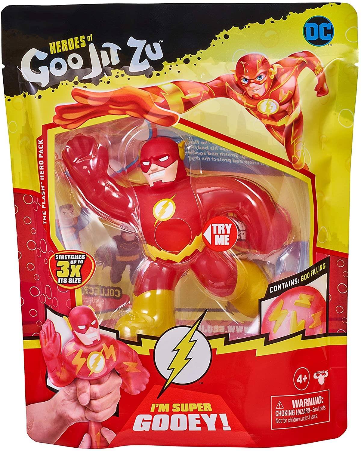 of HEROES Zu Gooji T DC TM PACK HERO FLASH" THE Flash the body his 92 o squish and Stretch citge the protect bab crino TRY ME STRETCHES UP TO 3x ITS SIZE CT COLL FILLING GOO CONTAINS: 4 L0D wWw TH I'M SUPER GOOEY! moDse  4+ ! WARNING: pars HAZARD- Stal CHOKING Not for children under 3ysas 3