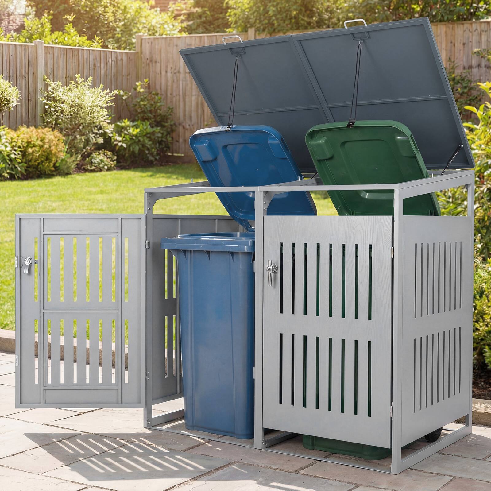 Alt View 1. Costway - Costway Trash Can Storage Shed for 2 Bins with Gas Struts, Shock Absorbers, Lockable Doors - Gray.