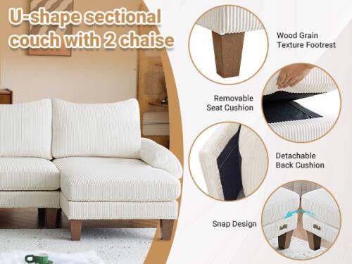 U-shape sectional couch with 2 chaise

- Wood Grain Texture Footrest
- Removable Seat Cushion
- Detachable Back Cushion
- Snap Design