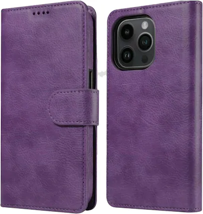 Front. RadEnergy - EMF Blocking Genuine Leather Wallet Phone Case with Card Holder for iPhone, Anti Radiation, iPhone Air - Purple.