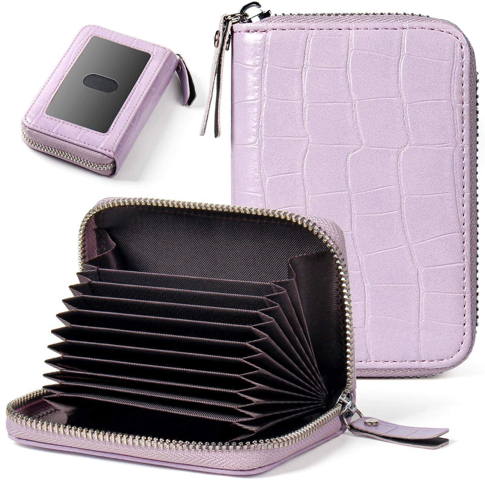 Jadie Link - Credit Card Holder Rfid Case Wallet Small Accordion Zipper Organizer Women Men High-quality Leather Credit Card Holder - Stone Violet