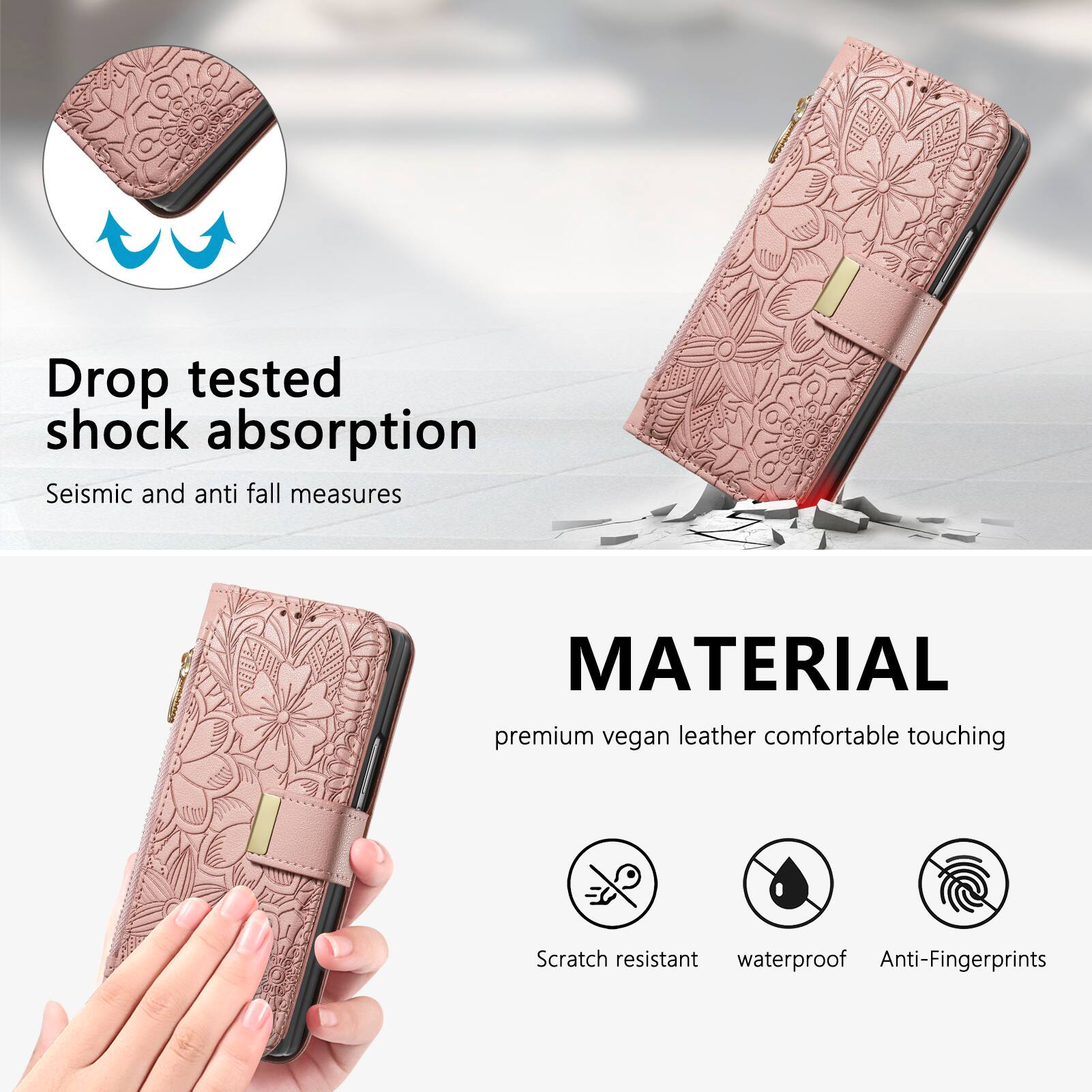 Drop tested shock absorption  
Seismic and anti fall measures  

MATERIAL  
premium vegan leather comfortable touching  
Scratch resistant waterproof Anti-Fingerprints