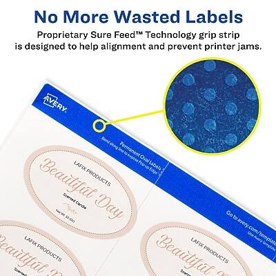 No More Wasted Labels  
Proprietary Sure Feed™ Technology grip strip is designed to help alignment and prevent printer jams.

AVERY  
Permanent Oval Labels  
LAFIX  
Edge Beautifut PRODUCTS  
Starter Card Day

Go to avery.com/template  
Use Avery template

LAFIX  
LAFIX  
LAFIX