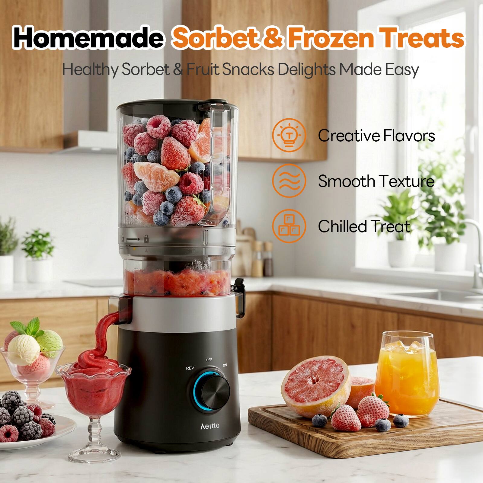 Homemade Sorbet & Frozen Treats  
Healthy Sorbet & Fruit Snacks Delights Made Easy  

Creative Flavors  
Smooth Texture  
Chilled Treat  

Aeitto