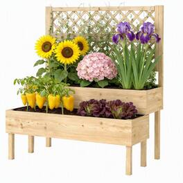 RYHNUYNE - Fir Wood Elevated Planter Box with Trellis for Patio, 42.5x24.4x47.2 Inch Outdoor Raised Garden Bed for Climbing - Natural Wood