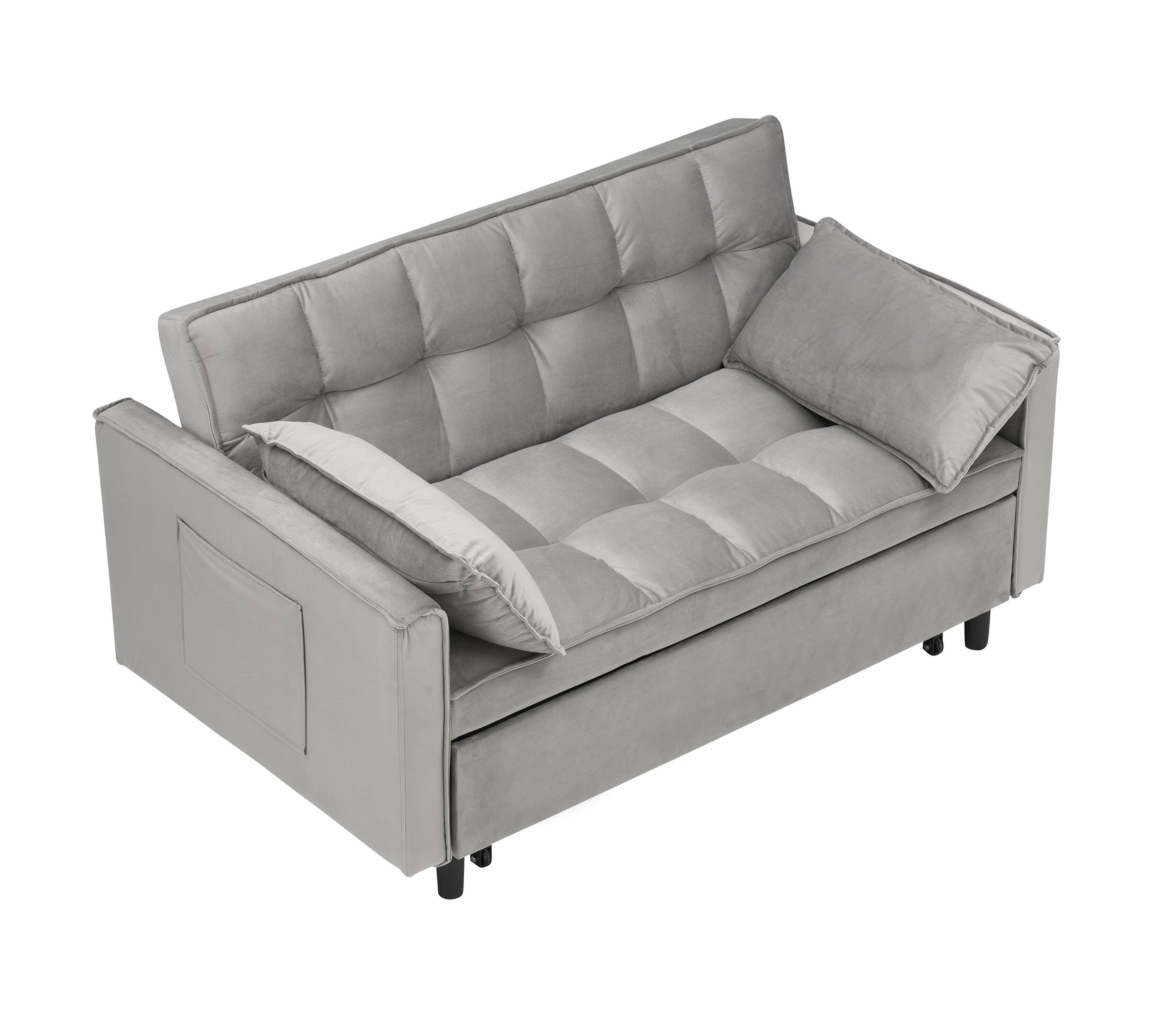 Back. Trinkets Crazed - 3 in 1 Velvet Convertible Sleeper Sofa Bed, Futon Couches for Living Room with Side Pocket/Adjustable Backrest - Gray.