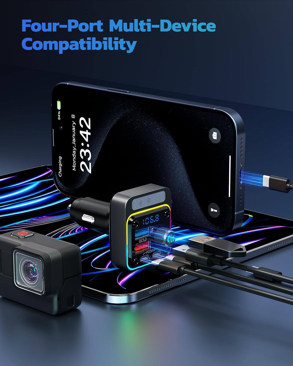 Four-Port Multi-Device Compatibility  
94% Charging  
8 Monday, January  
23:42  
106.8 QC3.0 PD36W