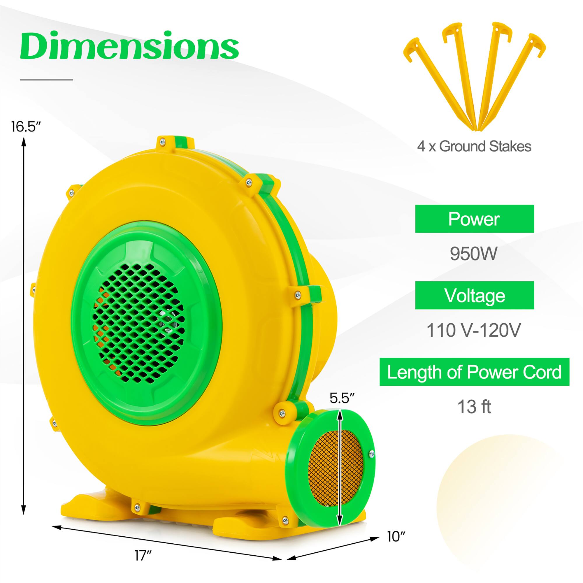 Dimensions: 16.5" x 4" x 5.5"  
Ground Stakes: 4  
Power: 950W  
Voltage: 110 V-120V  
Length of Power Cord: 13 ft