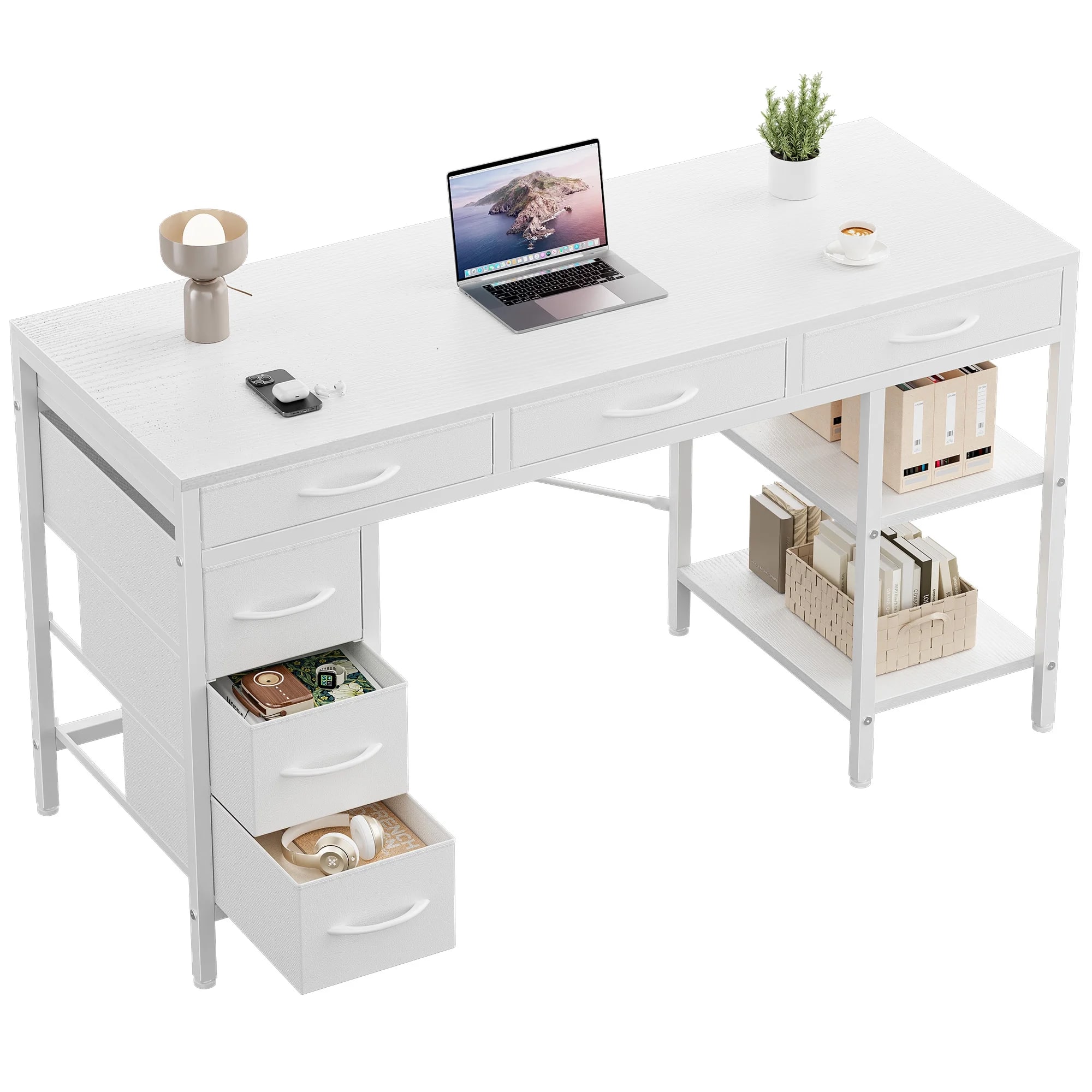 Bestier - 55-inch Computer Desk with 6 Fabric Drawers, Adjustable Storage Shelf,Metal Desk for Home Office & Gaming - White