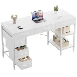 Bestier - 55-inch Computer Desk with 6 Fabric Drawers, Adjustable Storage Shelf,Metal Desk for Home Office & Gaming - White