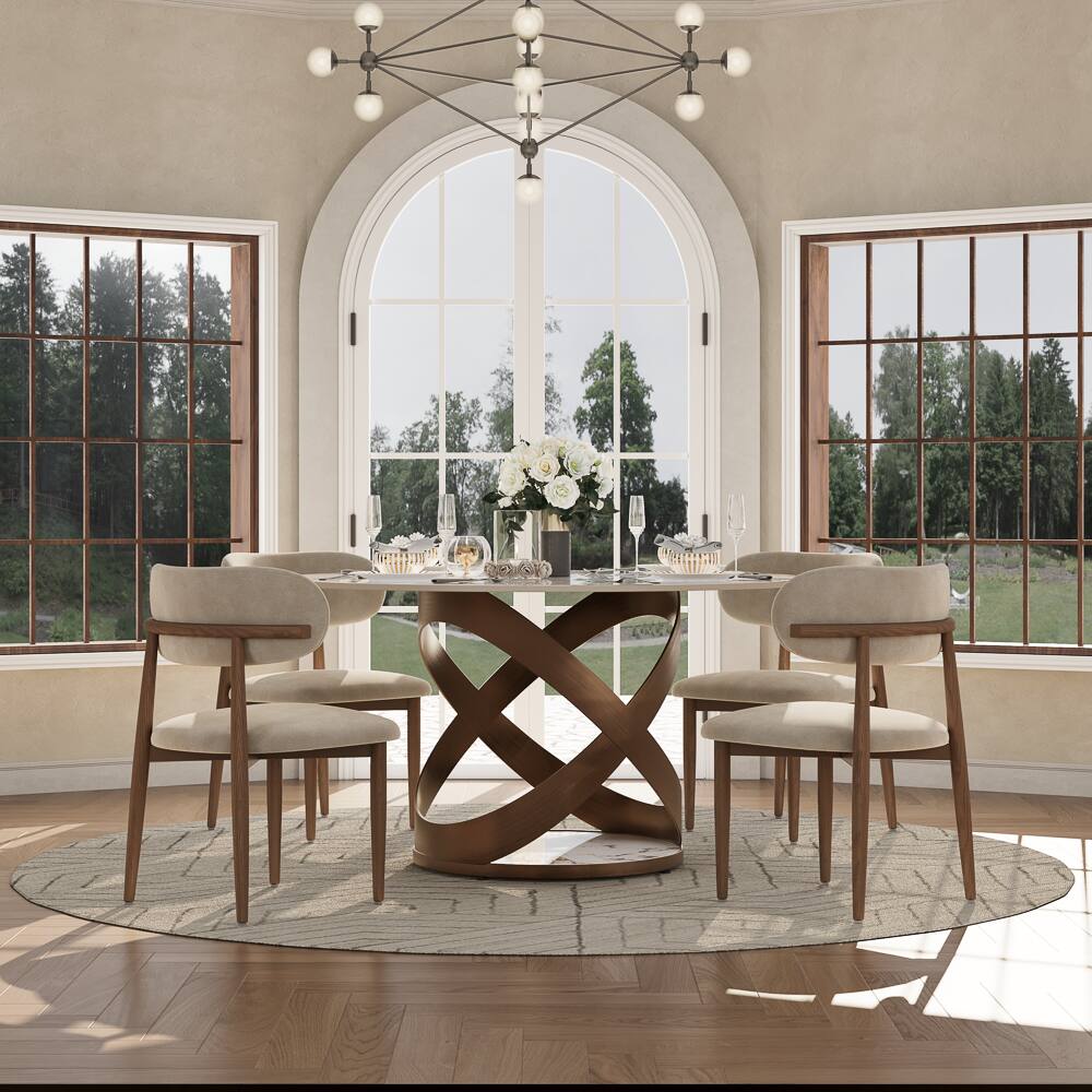 Angle. POVISON - 51" Modern Gold Round Dining Table for 4, Pandora Glossy Sintered Stone Tabletop with Bronze X Carbon Steel Base - Pandora Glossy Sintered Stone with Bronze.