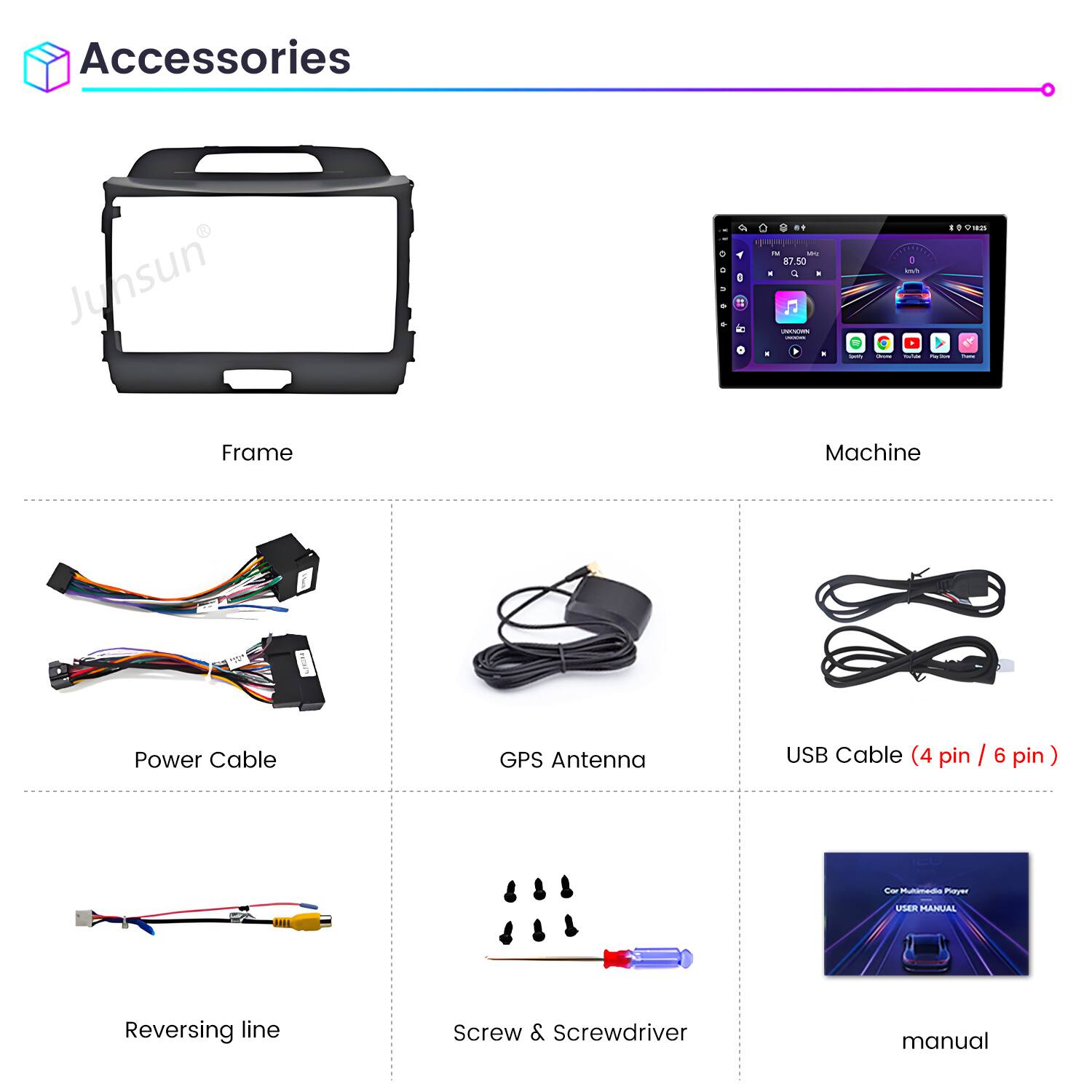 Accessories  
Junsun  

- Frame  
- Machine  
- Power Cable  
- GPS Antenna  
- USB Cable (4 pin / 6 pin)  
- Reversing line  
- Screw & Screwdriver  
- Manual