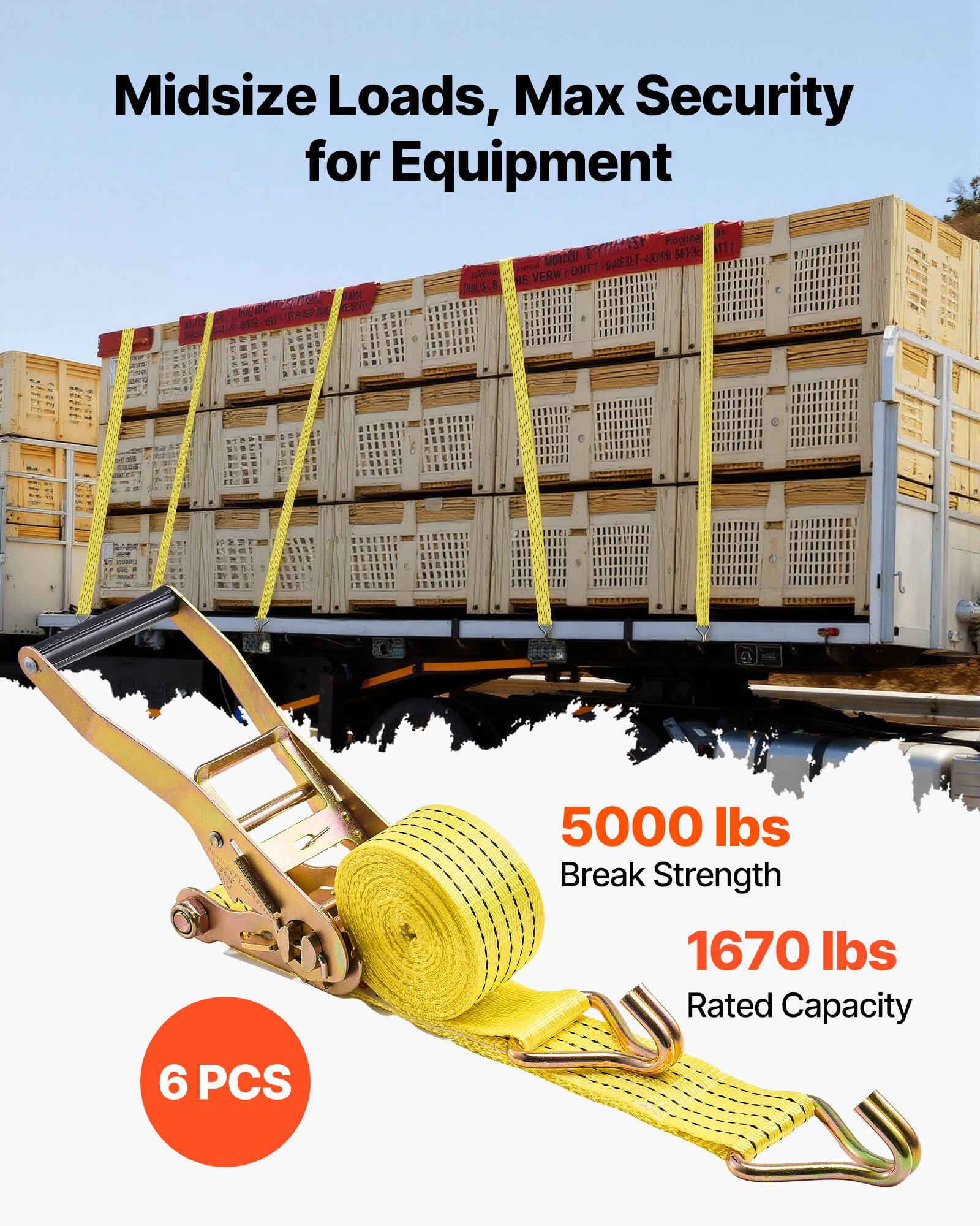 Midsize Loads, Max Security for Equipment

5000 lbs Break Strength

1670 lbs Rated Capacity

6 PCS