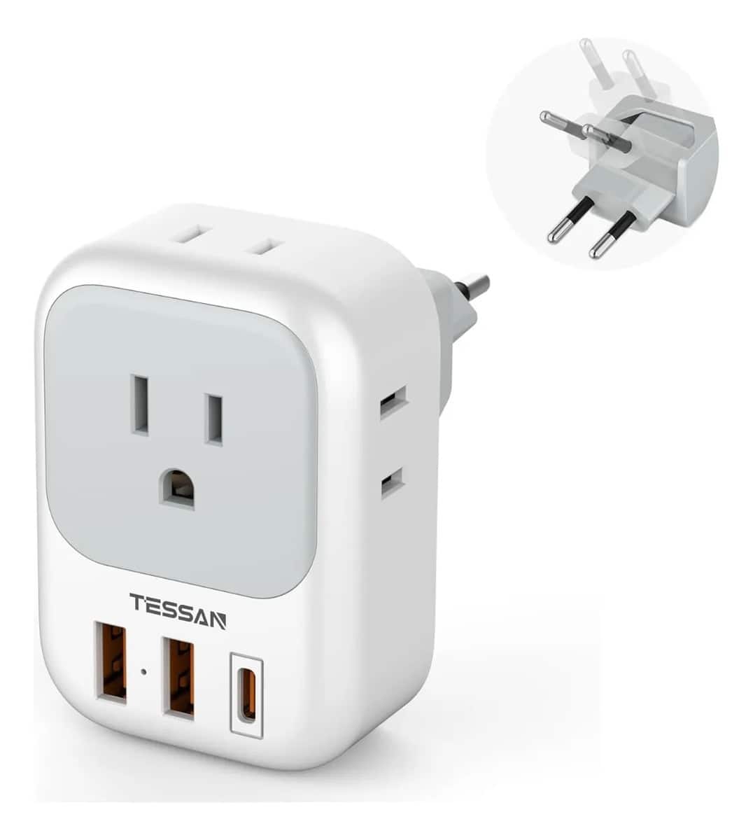 TESSAN - European Travel Plug Adapter 4 Outlets 3 USB (1 USB C PD 20W) Portable for EU Spain France Italy Germany Portugal - Gray