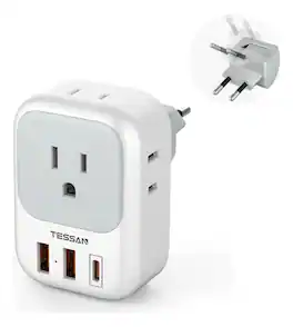TESSAN - European Travel Plug Adapter 4 Outlets 3 USB (1 USB C PD 20W) Portable for EU Spain France Italy Germany Portugal - Gray