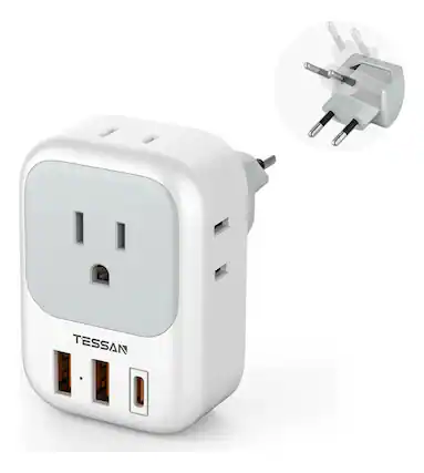 Front. TESSAN - European Travel Plug Adapter 4 Outlets 3 USB (1 USB C PD 20W) Portable for EU Spain France Italy Germany Portugal - Grey.