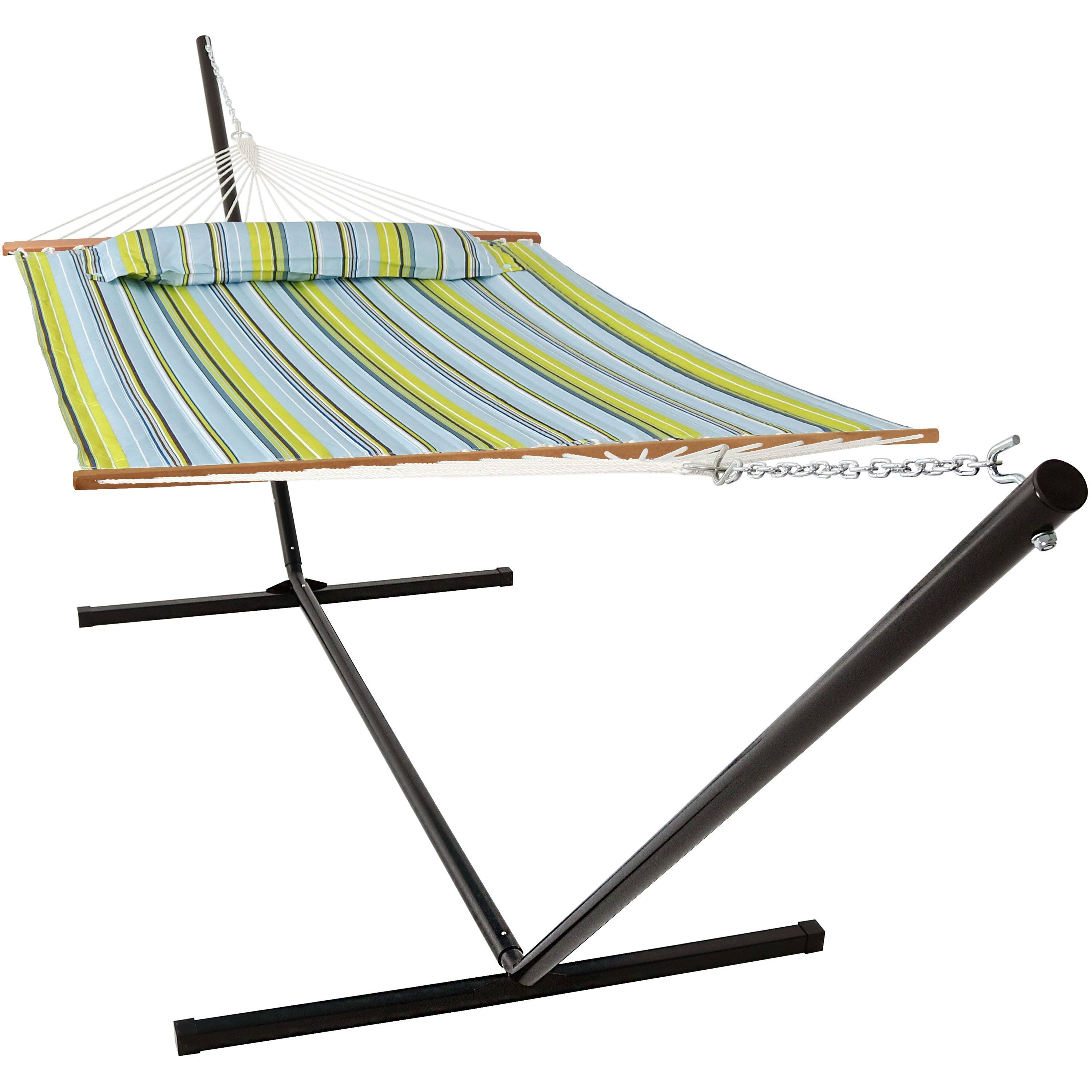 Sunnydaze - 2-Person Quilted Fabric Hammock with Steel Stand - Blue & Green