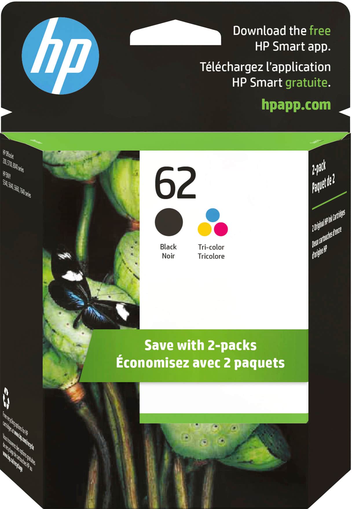 HP - 62 2-Pack Standard Capacity Ink Cartridges - Black/Tri-color - Front_Zoom