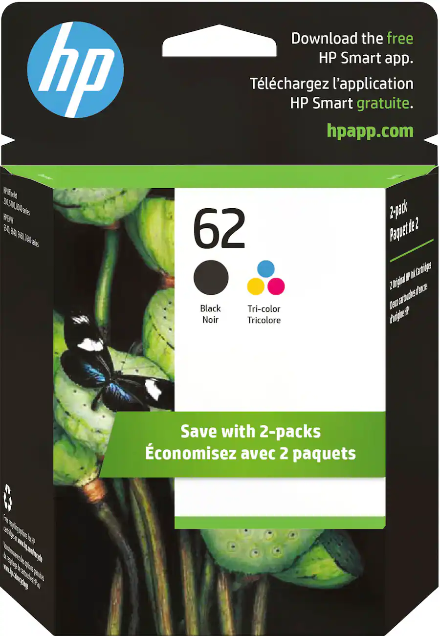 Hp Ink 62 Color HP 62 2 Pack Standard Capacity Ink Cartridges Black/Tri color N9H64FN ...
