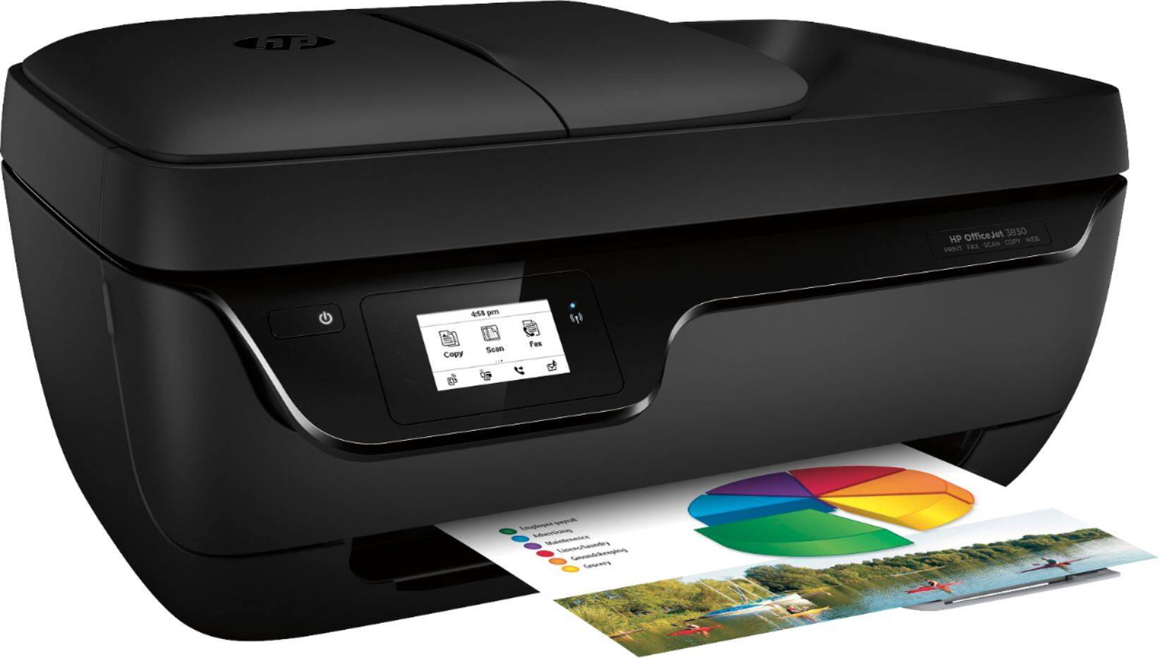 Angle. HP - OfficeJet 3830 Wireless All-In-One Instant Ink Ready Inkjet Printer - Black.
