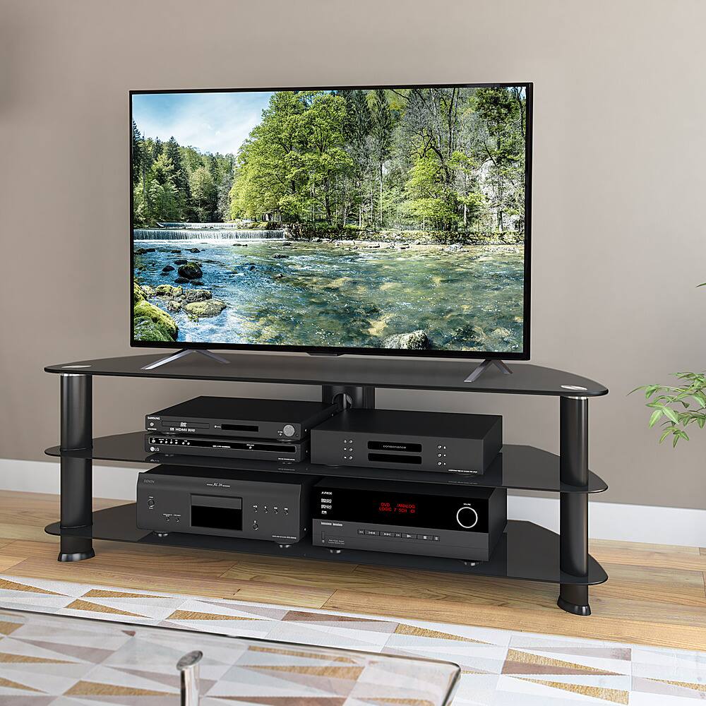 Front. CorLiving - Black Glass Corner TV Stand, for TVs up to 65" - Satin Black.