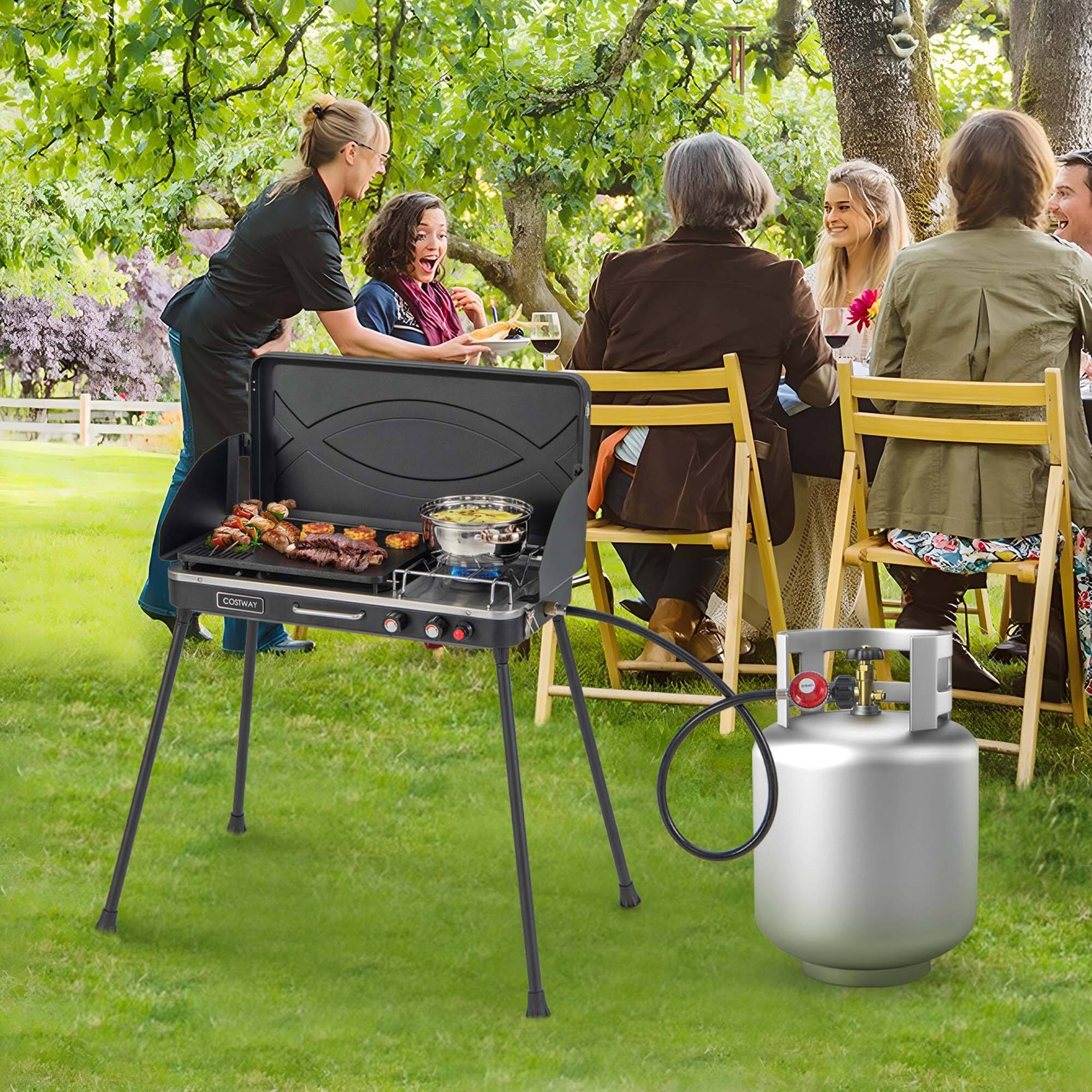 Left. Costway - 2-in-1 Propane Grill 2 Burner Camping Gas Stove Portable with Removable Leg Black - Black.