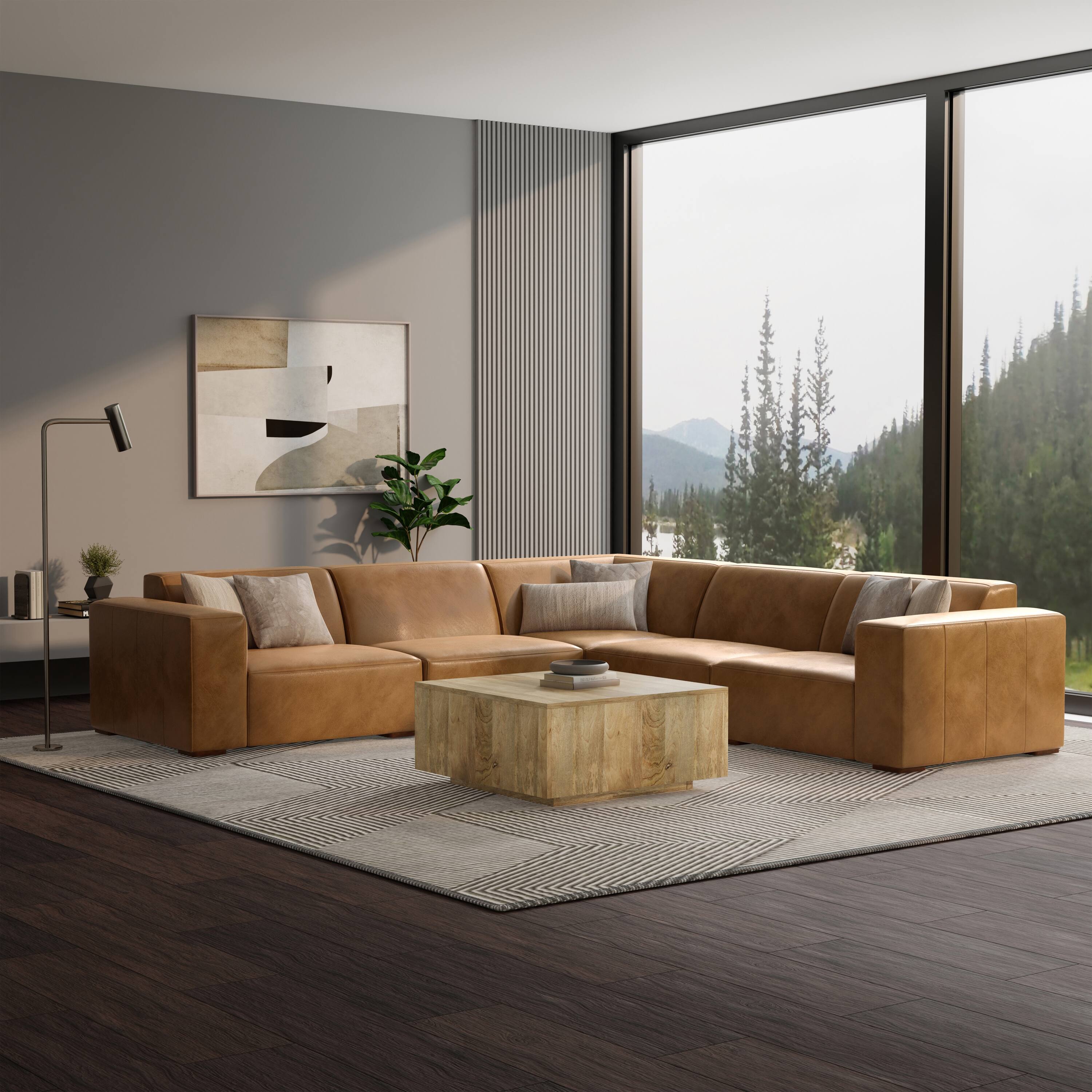 Angle. Simpli Home - Rex Corner Sectional Modular Sofa in Genuine Leather - Sienna.