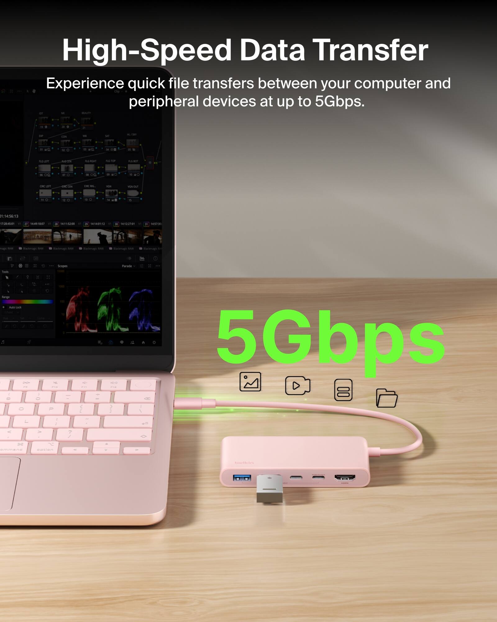 High-Speed Data Transfer  
Experience quick file transfers between your computer and peripheral devices at up to 5Gbps.  

5Gbps