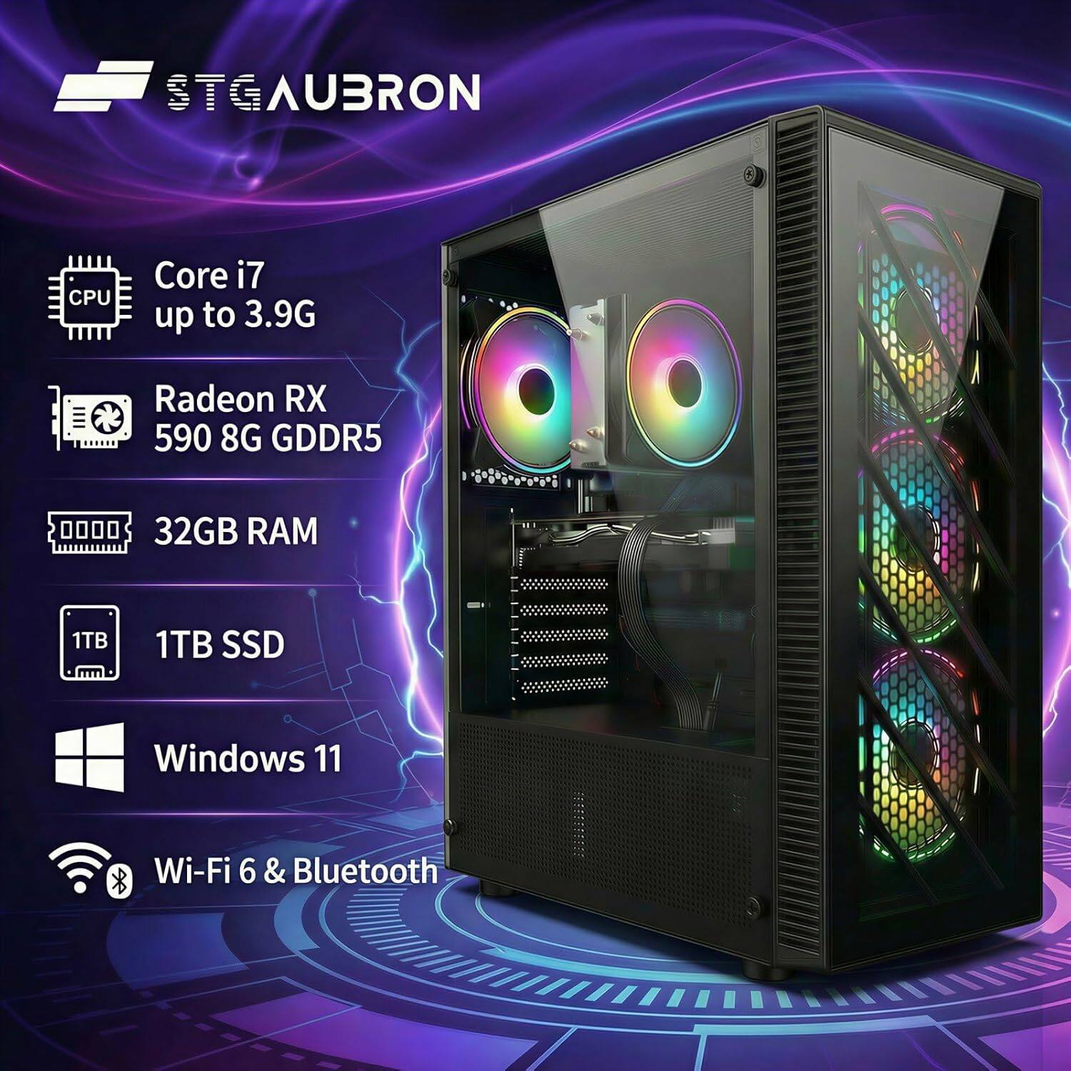STGAubron Gaming Desktop PC, Intel Core i7 up to 3.9G, Radeon RX