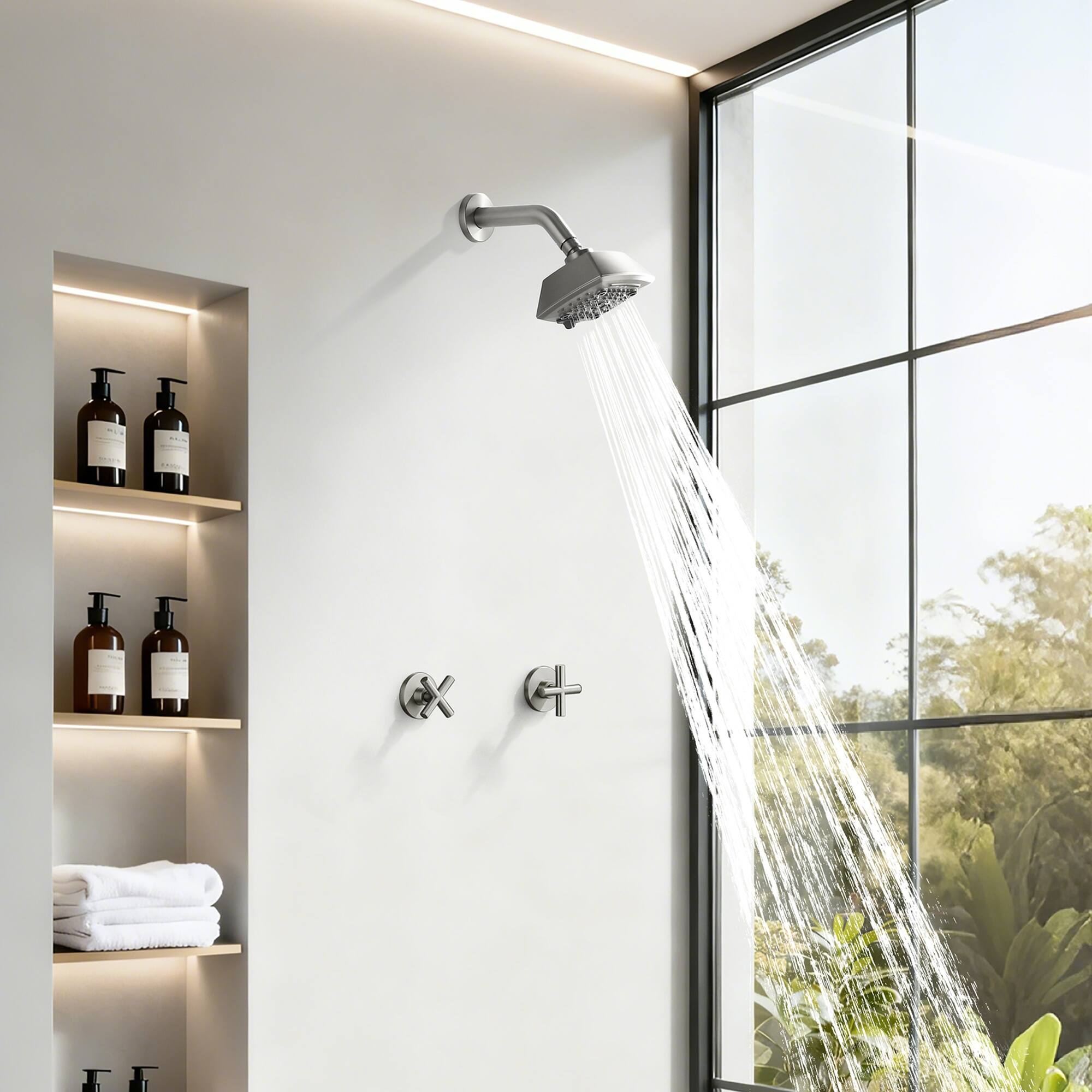 Alt View 2. Boyel Living - Brushed Nickel Shower Set Brass SUS304 Dual Handle 5-Function ABS Top Spray 1/2NPT - Silver.