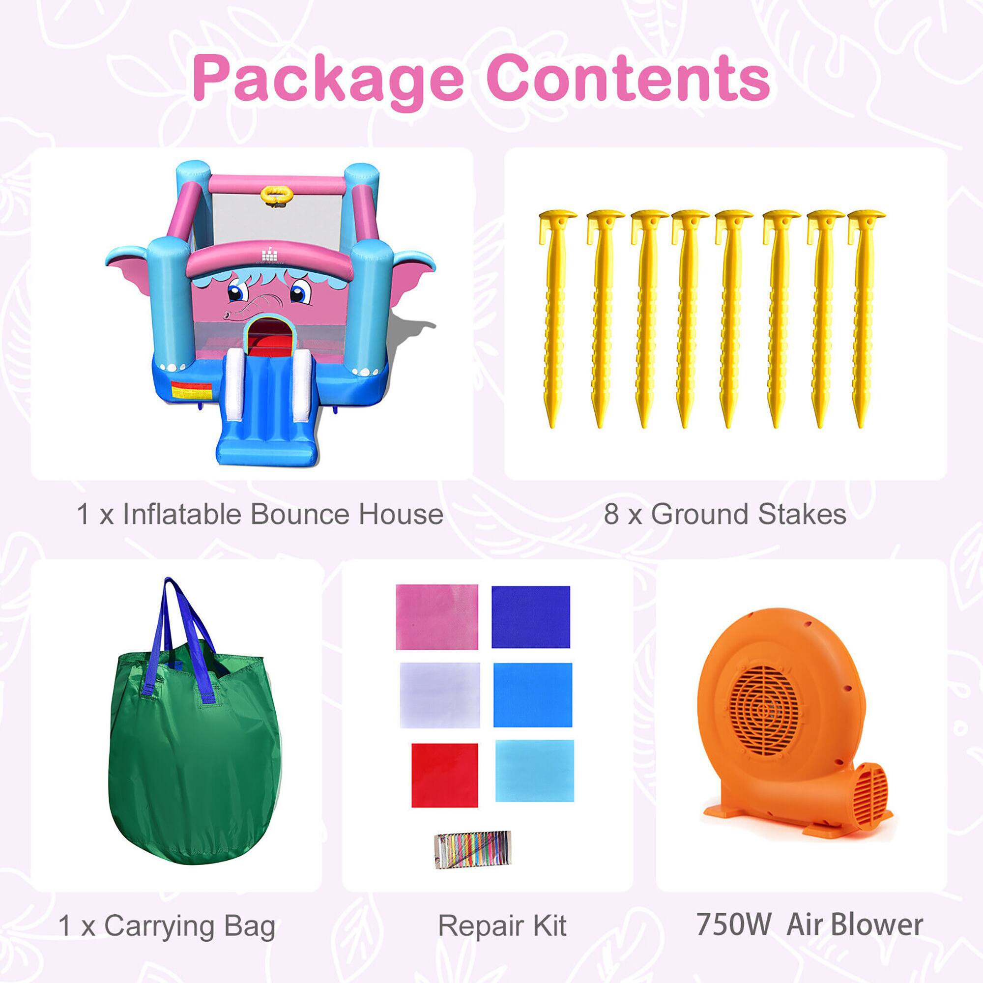 Package Contents

1 x Inflatable Bounce House

8 x Ground Stakes

1 x Carrying Bag

Repair Kit

750W Air Blower