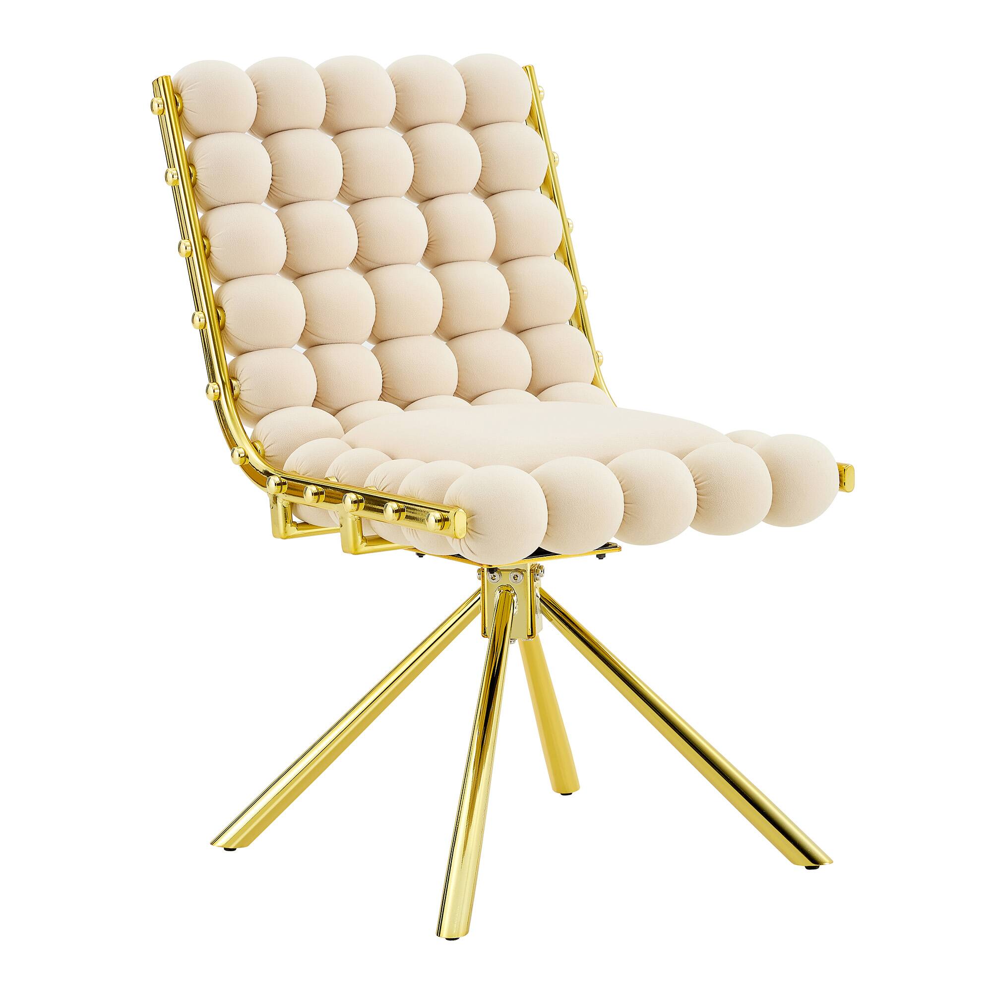 Alt View 7. Loheer - Loheer Swivel Accent Chair Cream Velvet Bubble Tufted Armless Dining Chair with Gold Metal Frame, 1.63 ft - Beige,Gold.