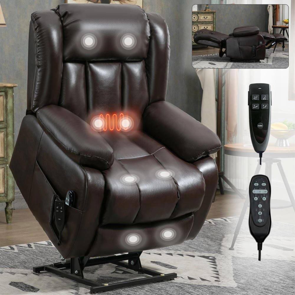 Left. Kadyn - Dual Motor Power Lift Recliner, 180° Recline, Massage & Heat, 350lb Capacity, Antique brown - Brown.
