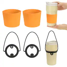Unique Bargains - Silicone Cup Sleeve, 2pcs Coffee Sleeves with Black Handle Strap, Heat Resistant Reusable Nonslip for Coffee Tea Drinks - Orange