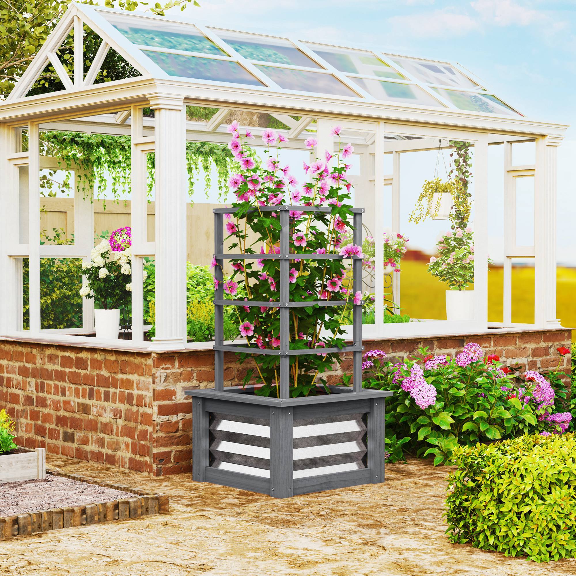 Alt View 1. Outsunny - Raised Garden Bed with Trellis, Galvanized Planter Box Elevated Garden Bed for Garden - Gray.