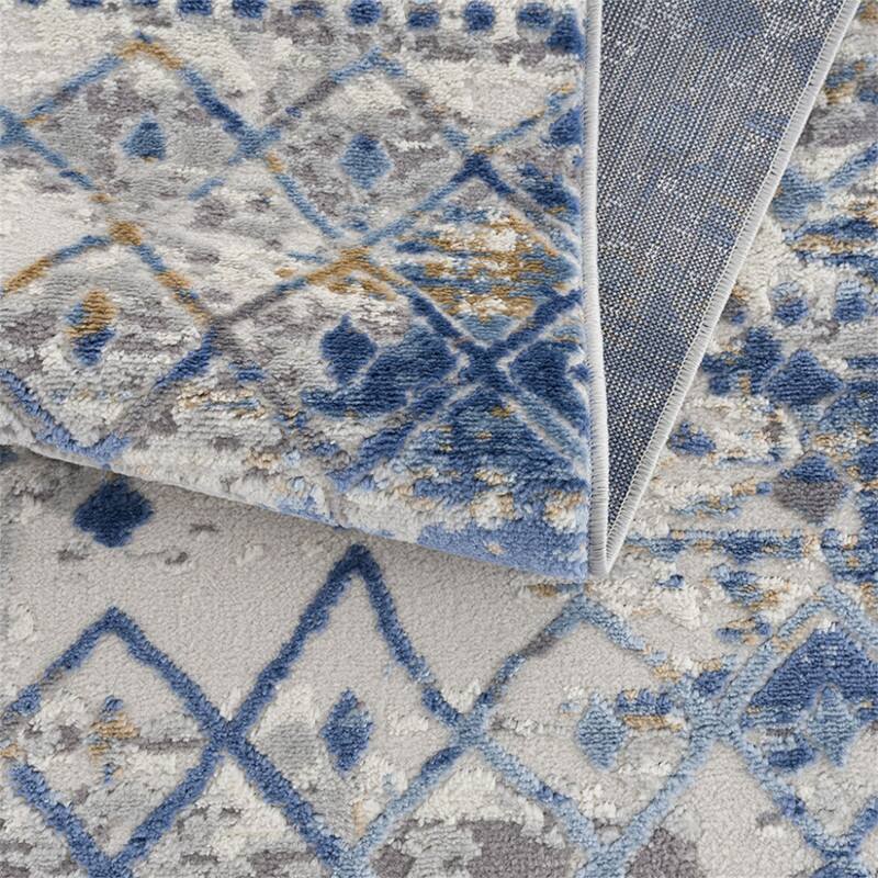 Left. HTUTWOO - Woven Area Rug - 6'6"W x 9'L Ultra Soft Floor Carpet for Living Room Indoor Dining Room, Modern Home Décor Moroccan - Blue+Cream.