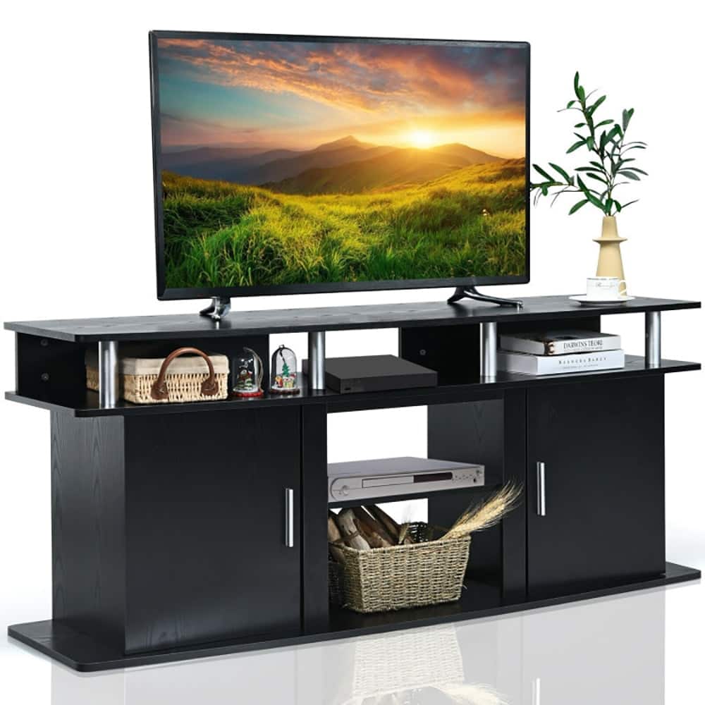 Pefilos - 63 Inch TV Entertainment Console Center with 2 Cabinets- Mid Century Modern TV Stand for Living Room Bedroom - Black