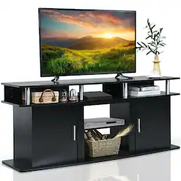 Pefilos - 63 Inch TV Entertainment Console Center with 2 Cabinets- Mid Century Modern TV Stand for Living Room Bedroom - Black
