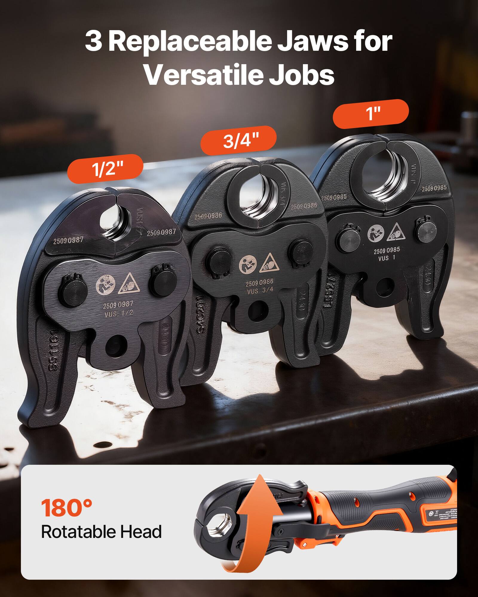 3 Replaceable Jaws for Versatile Jobs

- 1/2"
- 3/4"
- 1"

180° Rotatable Head