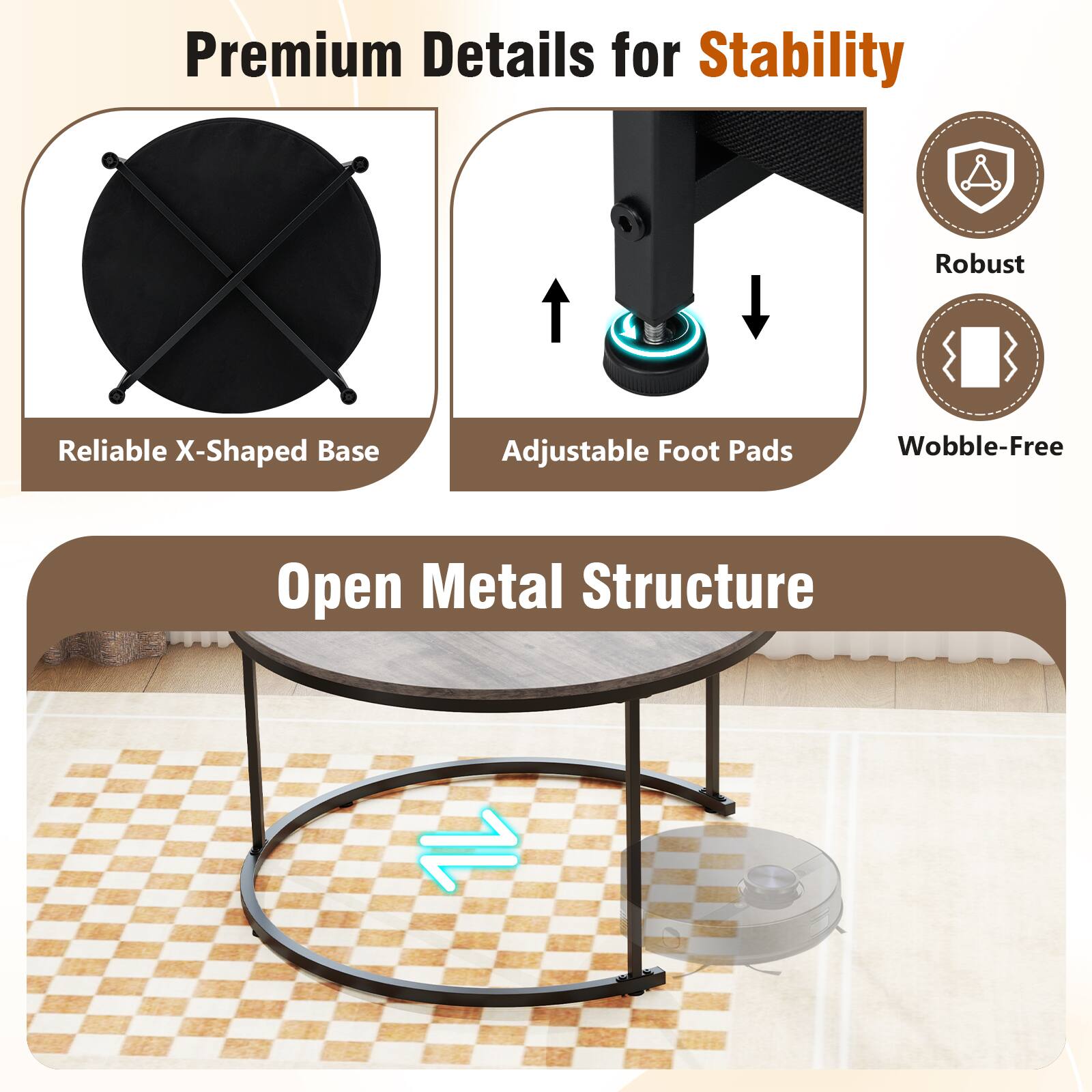Premium Details for Stability

- Reliable X-Shaped Base
- Adjustable Foot Pads
- Robust
- Wobble-Free

Open Metal Structure