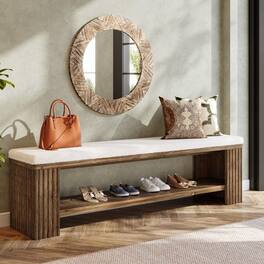 Tribesigns - 63" Solid Wood Entryway Bench, Farmhouse Upholstered End of Bed Bench with Removable Faux Lambswool Cushion and Fluted L - Dark Brown