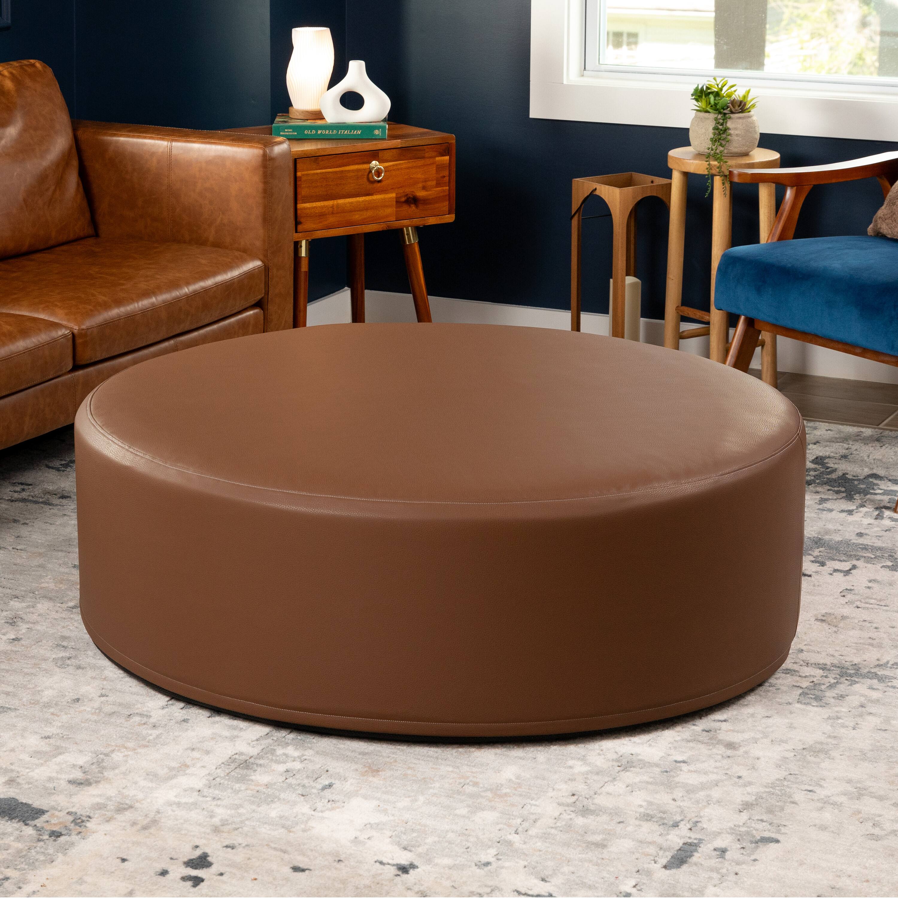 Alt View 1. Jaxx - Jaxx Candler Round Couch Oversized Giant Coffee Table Ottoman 44”, Walnut - Faux Leather Walnut.