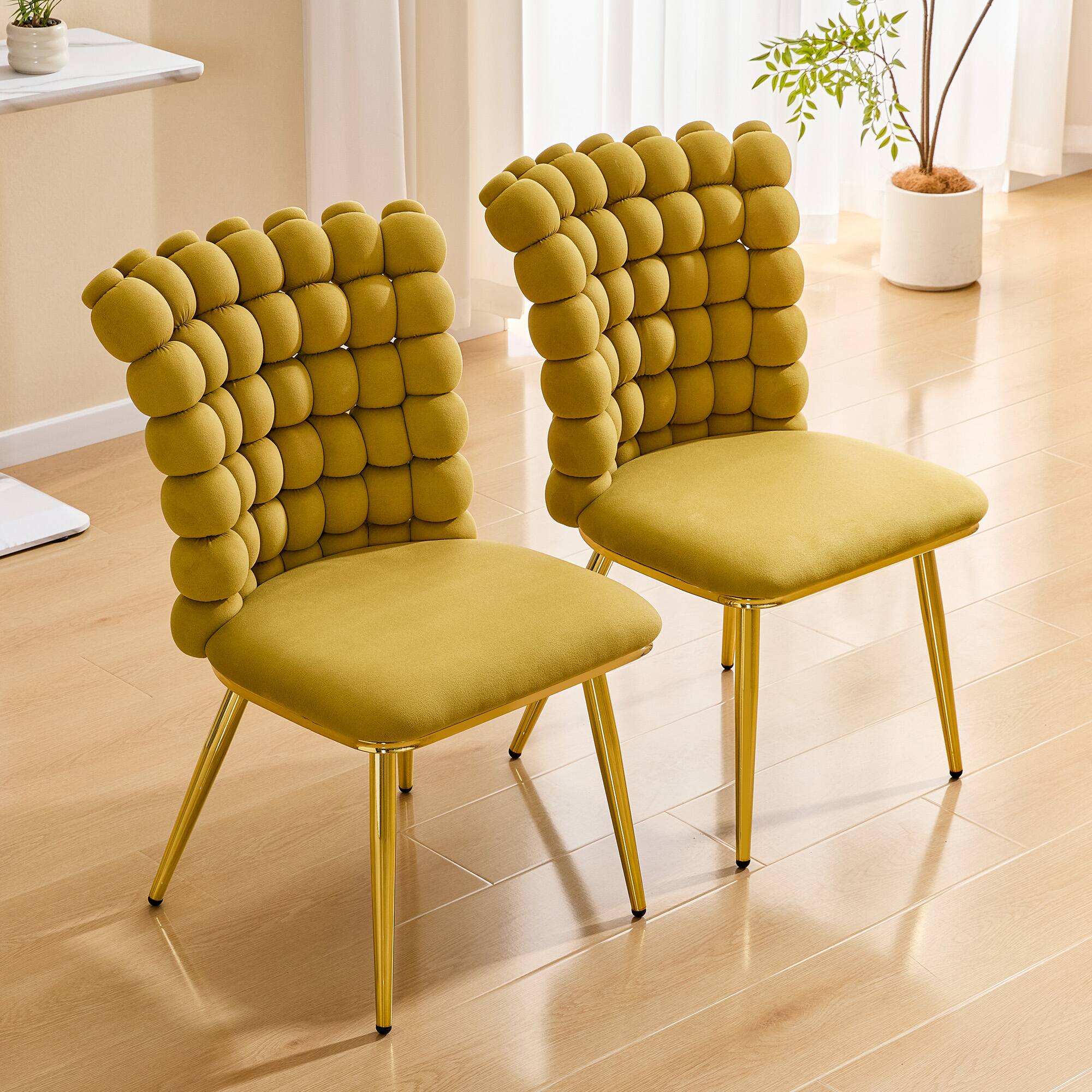 Left. Loheer - Loheer Accent Dining Chair Tufted Upholstered Vanity Chair with Gold Legs 1.6 ft - Gold,Yellow.