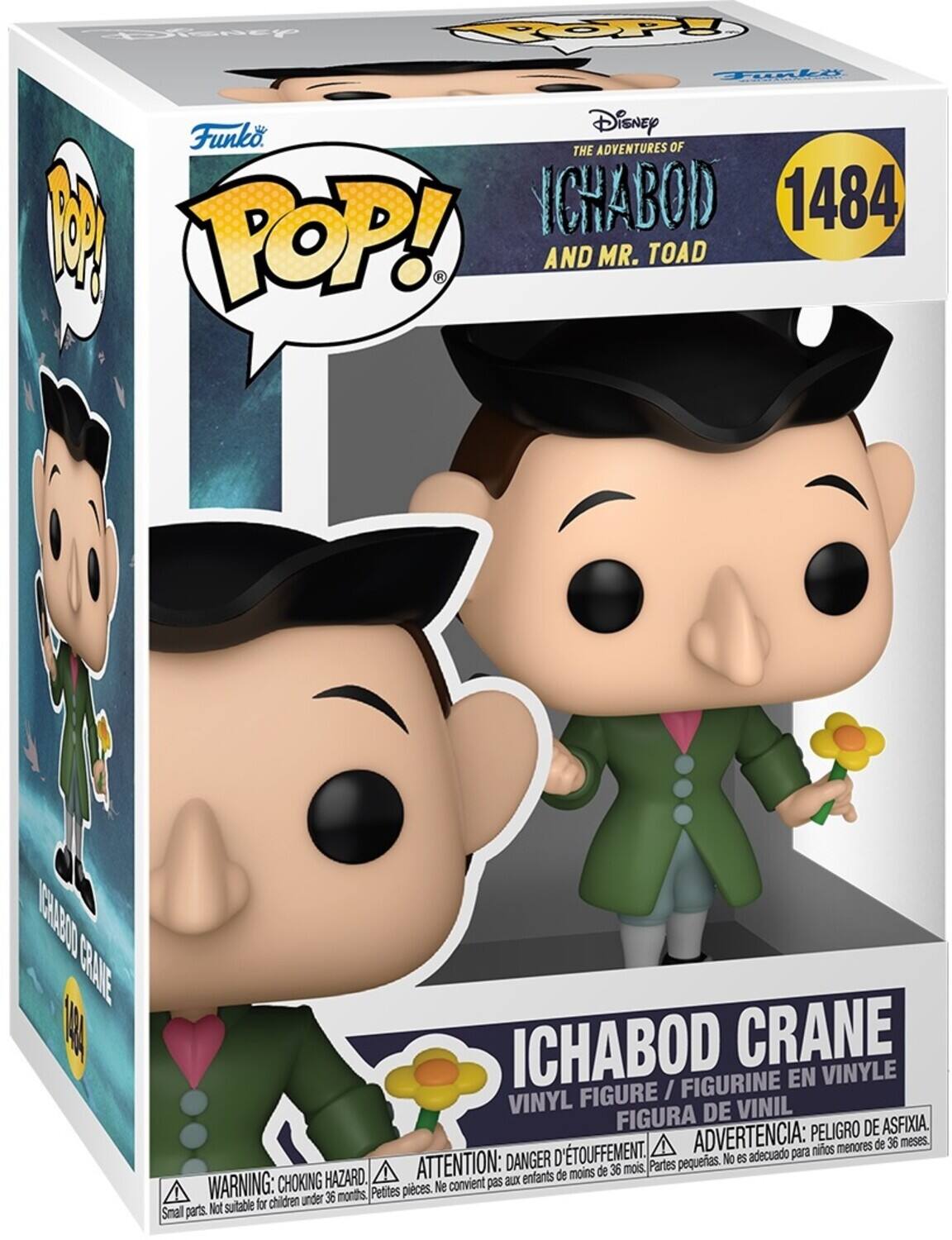 Sure, here is the corrected and grouped text from the image:

---

**Disney**  
**THE ADVENTURES OF**  
**ICHABOD AND MR. TOAD**

**Funko**  
**POP!**  
**1484**

**ICHABOD CRANE**  
**VINYL FIGURE / FIGURINE EN VINYLE / FIGURA DE VINIL**

**WARNING: CHOKING HAZARD.**  
**ATTENTION: DANGER D'ÉTOUFFEMENT.**  
**ADVERTENCIA: PELIGRO DE ASFIXIA.**  
**Small parts. Not suitable for children under 36 months.**  
**Petites pièces. Ne convient pas aux enfants de moins de 36 mois.**  
**Partes pequeñas. No es adecuado para niños menores de 36 meses.**

---

This text includes the product name, series number, character name, and safety warnings in English, French, and Spanish.