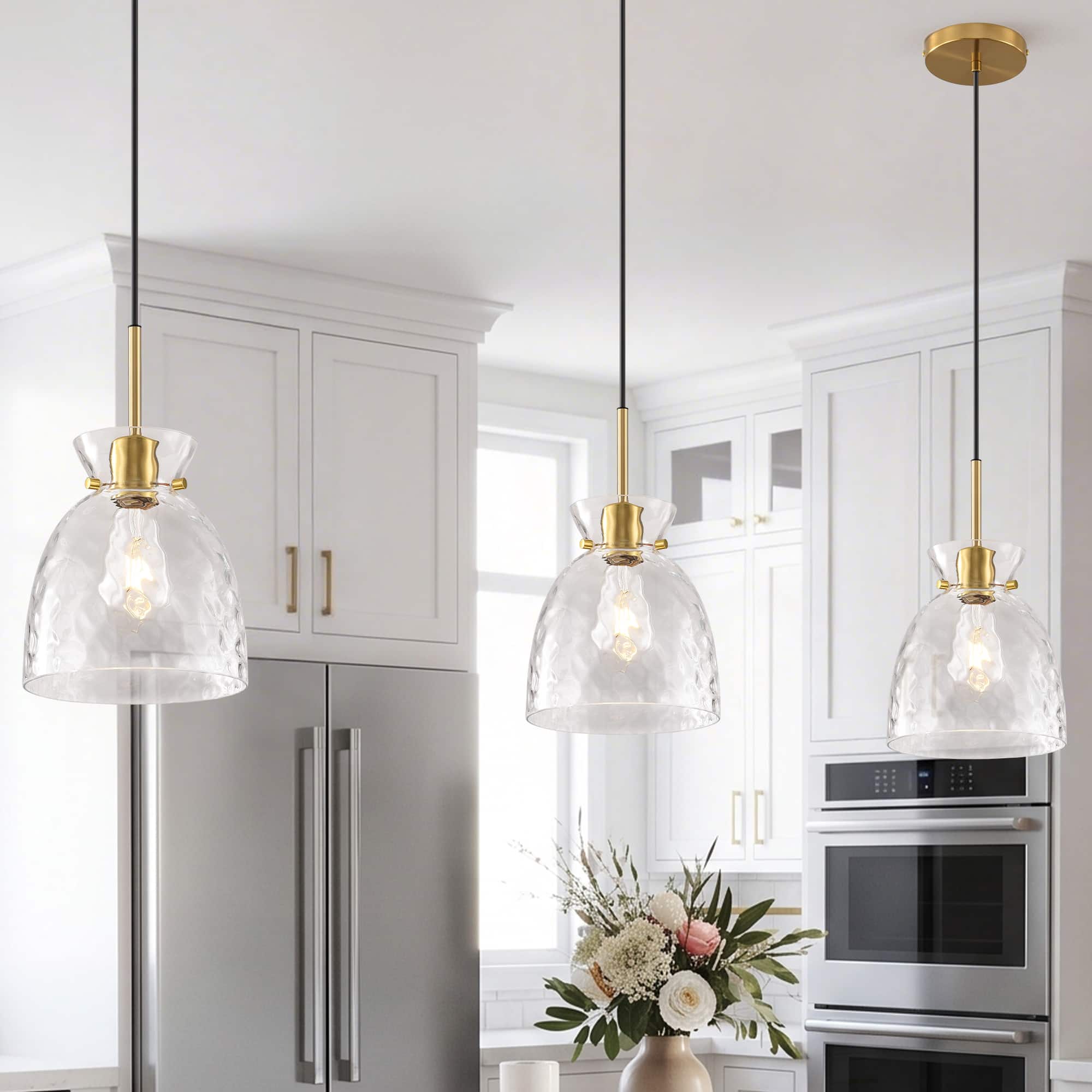 Parrot Uncle - 7.4 Inch Minimalist Handcrafted Hammered Glass Bell Pendant Light, Single-Light Adjustable Hanging Ceiling Fixture - Brass