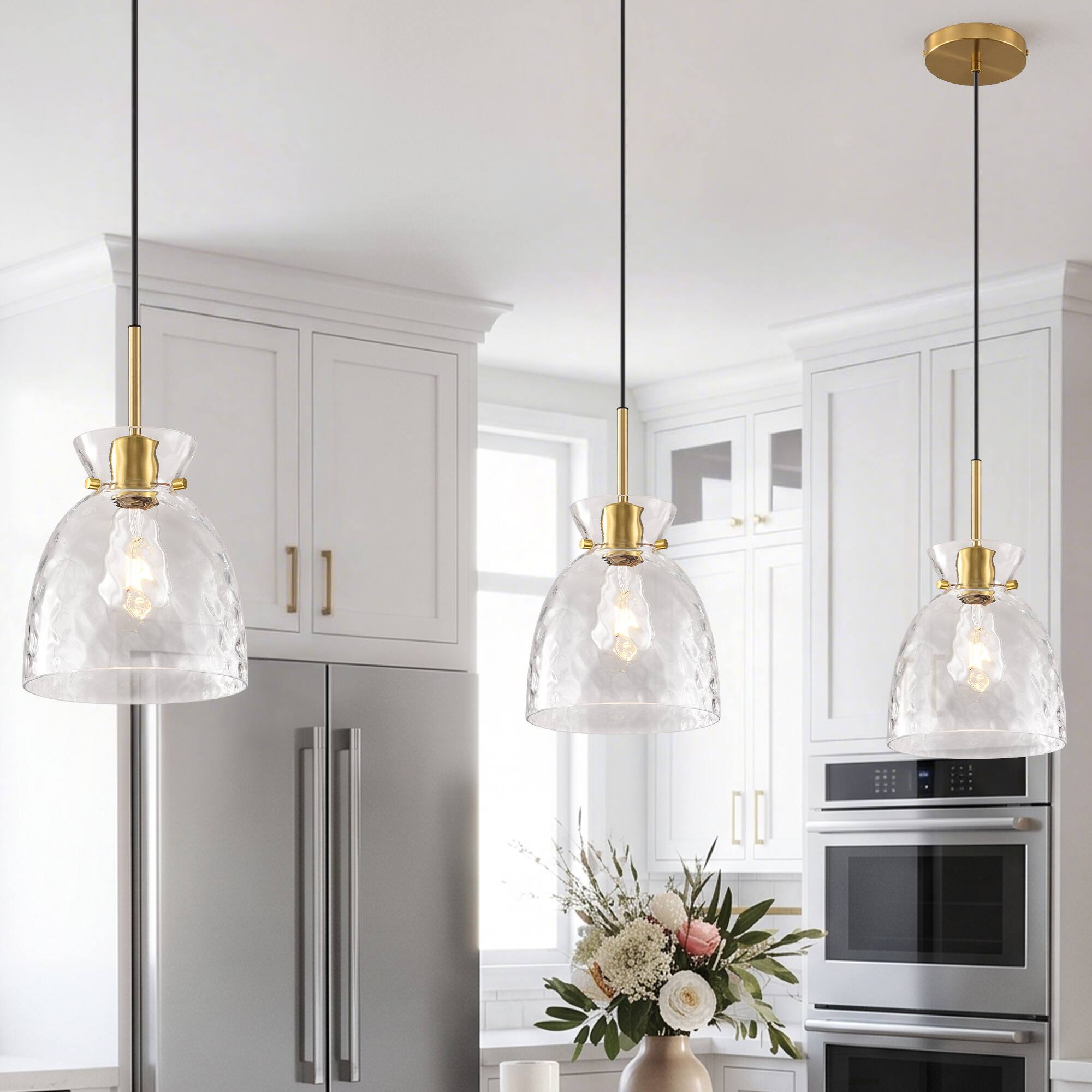 Parrot Uncle - 7.4 Inch Minimalist Handcrafted Hammered Glass Bell Pendant Light, Single-Light Adjustable Hanging Ceiling Fixture - Brass